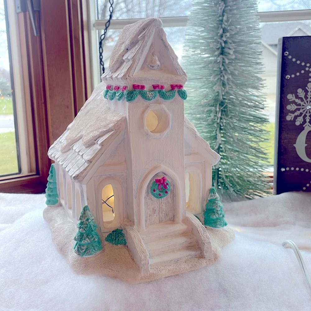 Retro snow village church